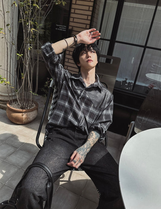 B143 美拉德皮革格紋襯衫 (黑 咖)