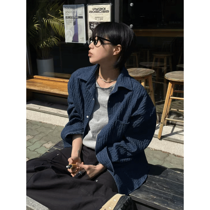 B139 牛仔色編織格紋襯衫 (深藍 淺藍)