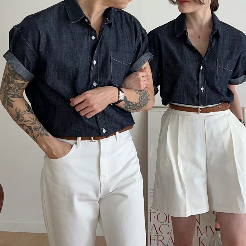 B53 Non-fading short-sleeved denim shirt (black, navy)