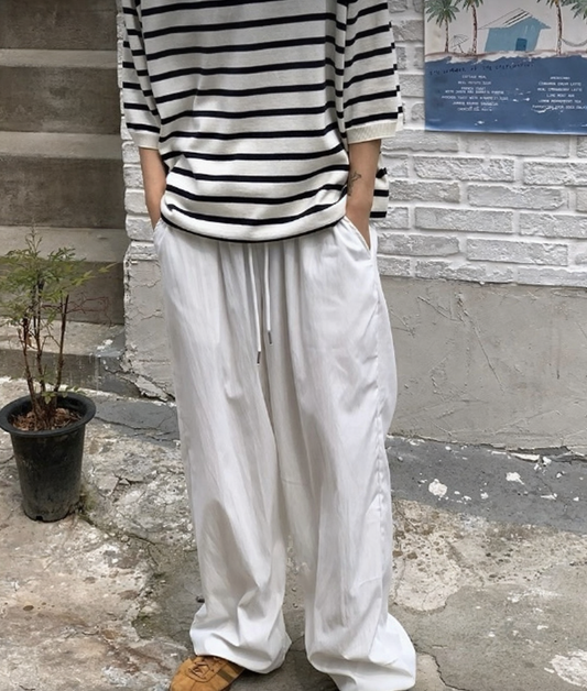 J51 尼龍寬鬆落地褲 (白white 米beige )