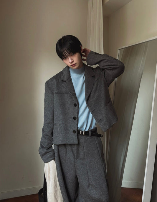 A133 羊毛短版西裝外套 (灰 黑)