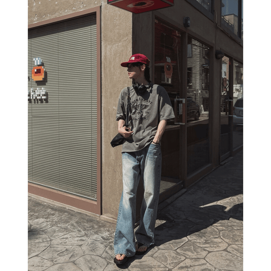 J59 復刻刷白直筒微喇叭牛仔褲 (藍 黑)