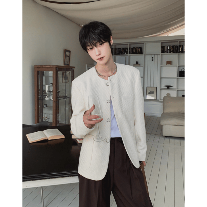 A96 韓系重工藝織紋夾克 (象牙 黑)