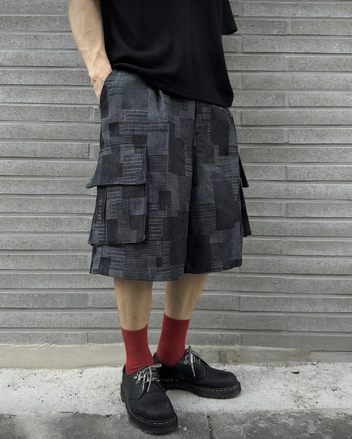 J61 棋盤格紋工裝短褲 (黑 藍)