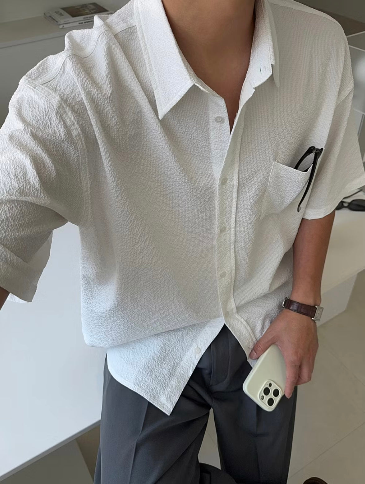 B87 泡泡紗口袋襯衫 (3色)