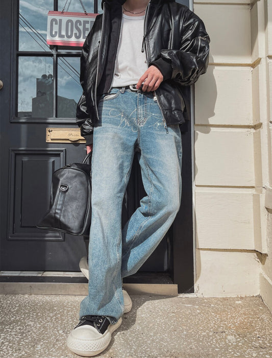 J74 水鑽字母直筒牛仔褲