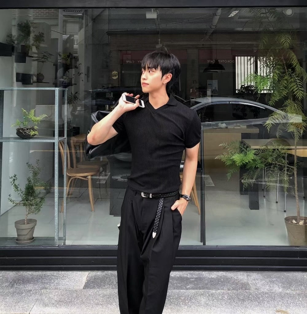B90 V領莫代爾短袖T恤 (黑black 灰gray)