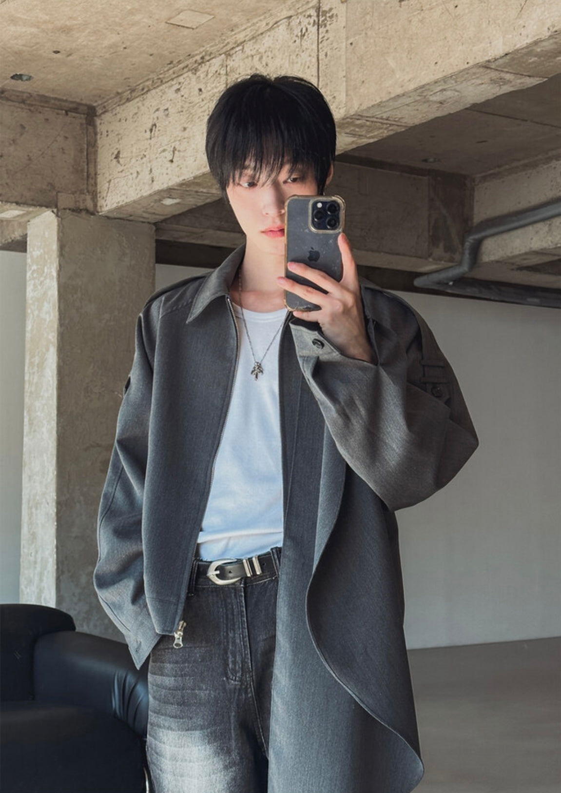 A89 秋季大牌感圍巾領短版大衣 (米 灰)