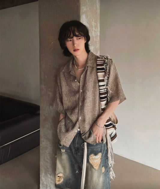 B46 粗花呢開領度假襯衫 (黑black 米beige)