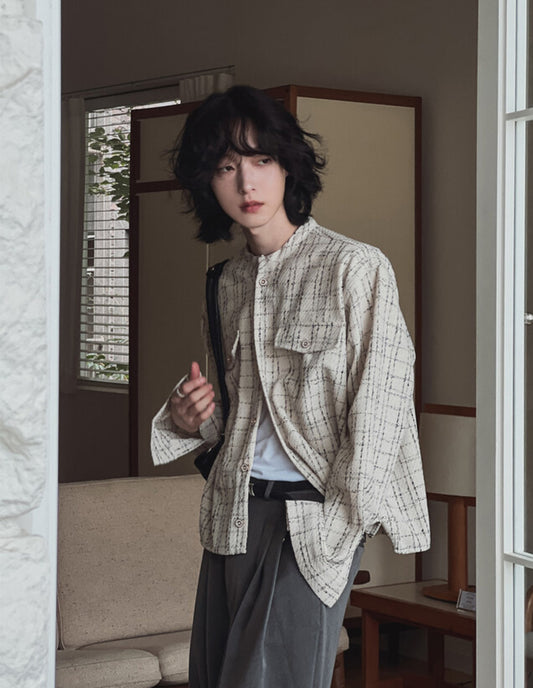 A63 真扣格紋圓領外套 (象牙ivory 黑black)