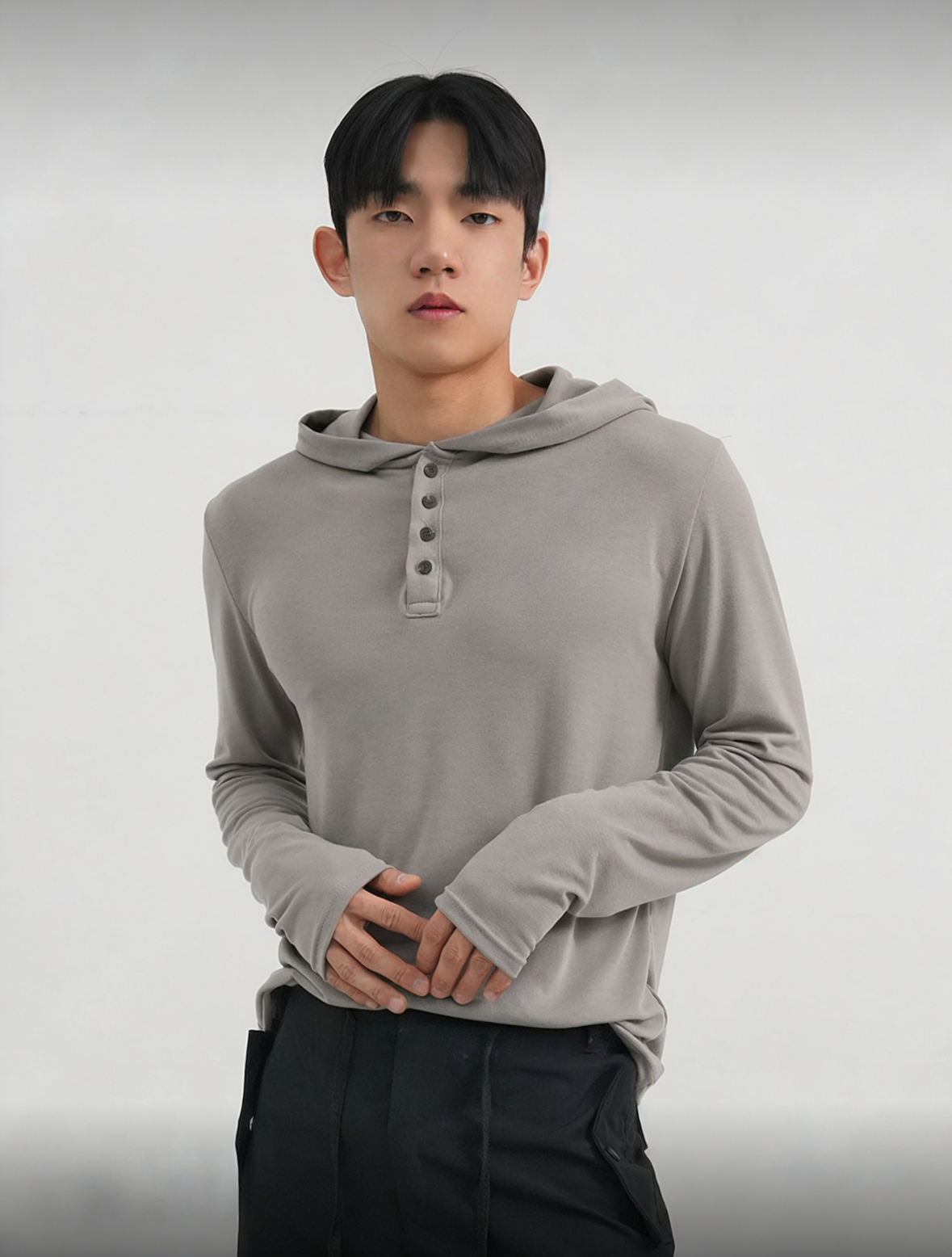 B45 Henley collar hooded long sleeves (3 colors)