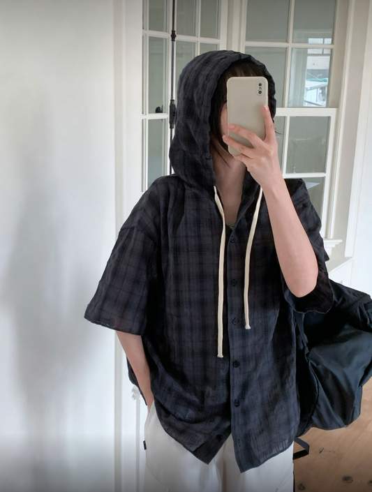 B64 格紋抽繩短袖連帽襯衫 (4色 colors)