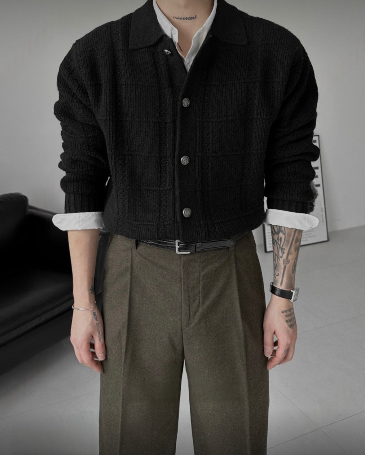 B172 立體格紋羊毛開衫 (灰 黑)