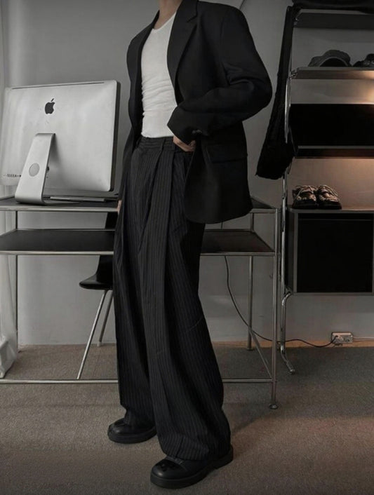 J73 時髦感條紋寬鬆氣球褲 (黑 灰)