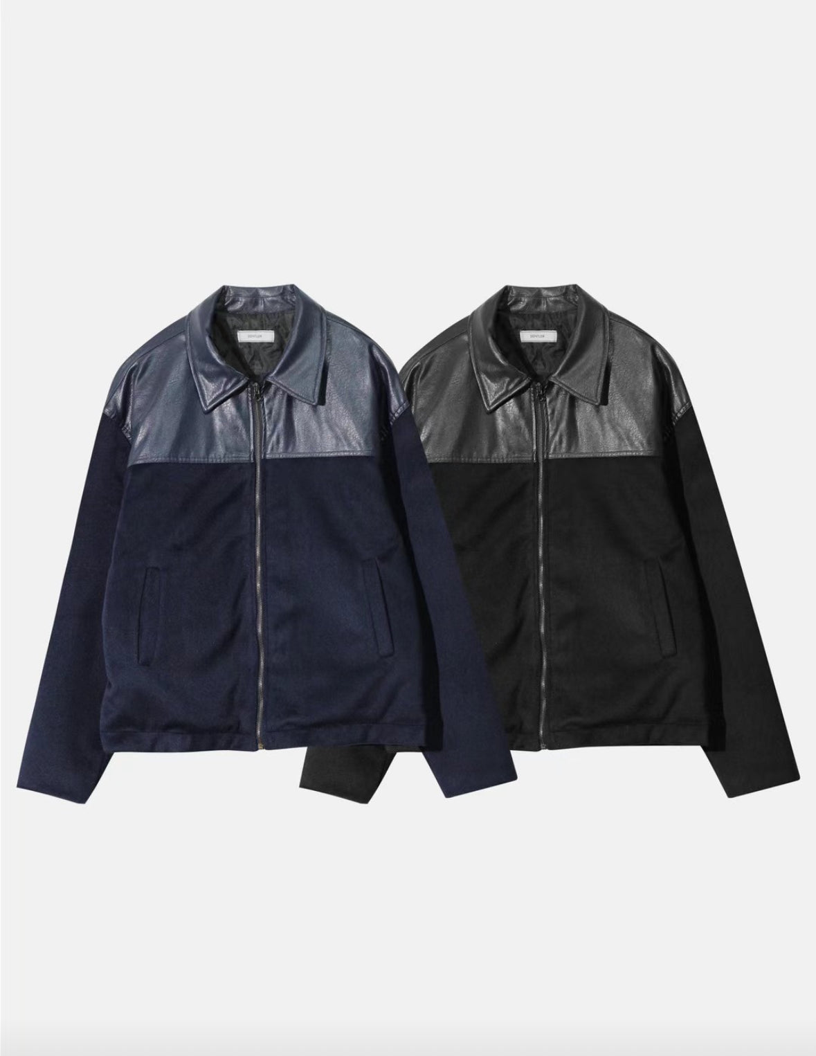 A33 拼色皮革羊毛外套 (黑black 藏青navy)