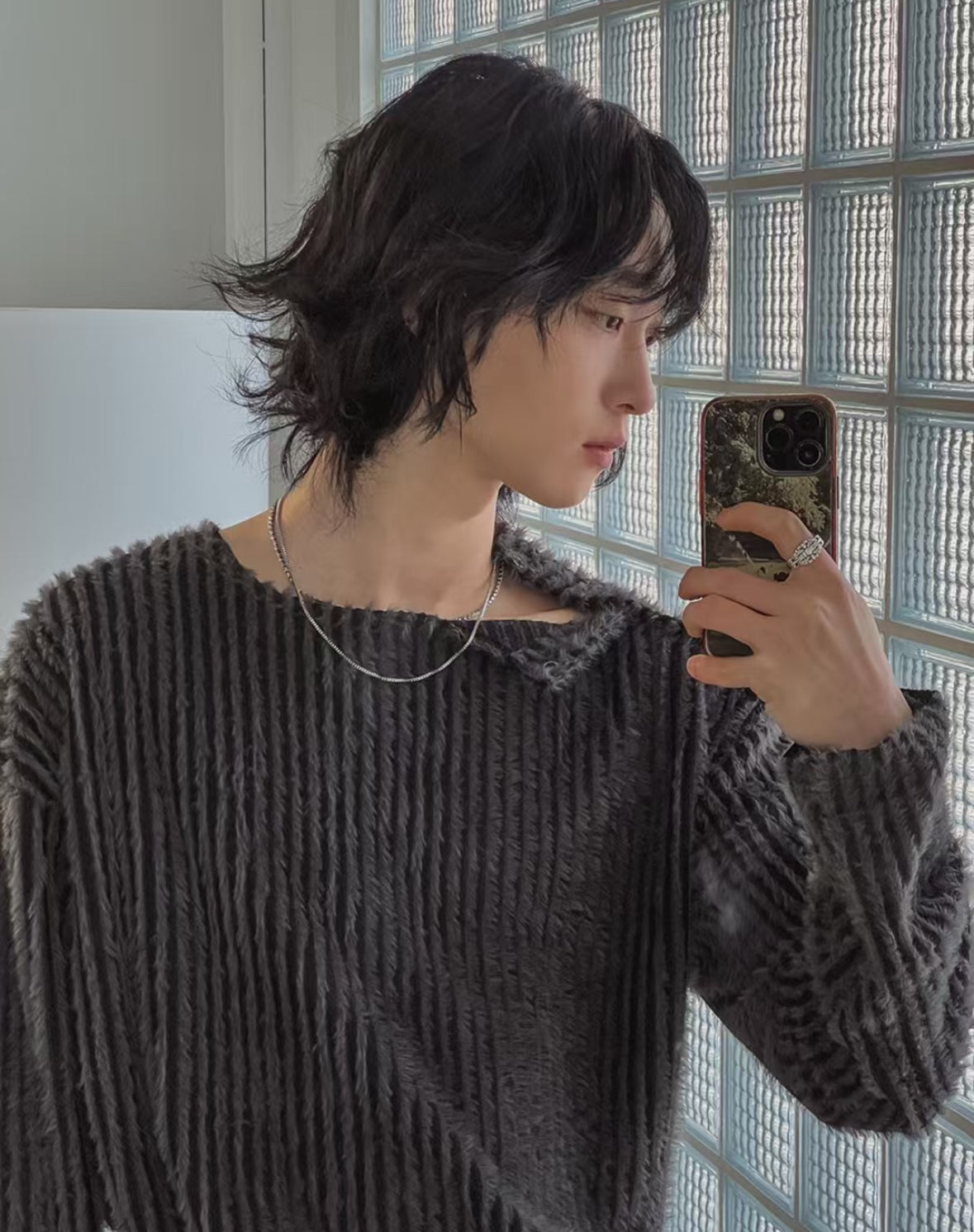 B23 Single side button knit sweater (dark gray brown)