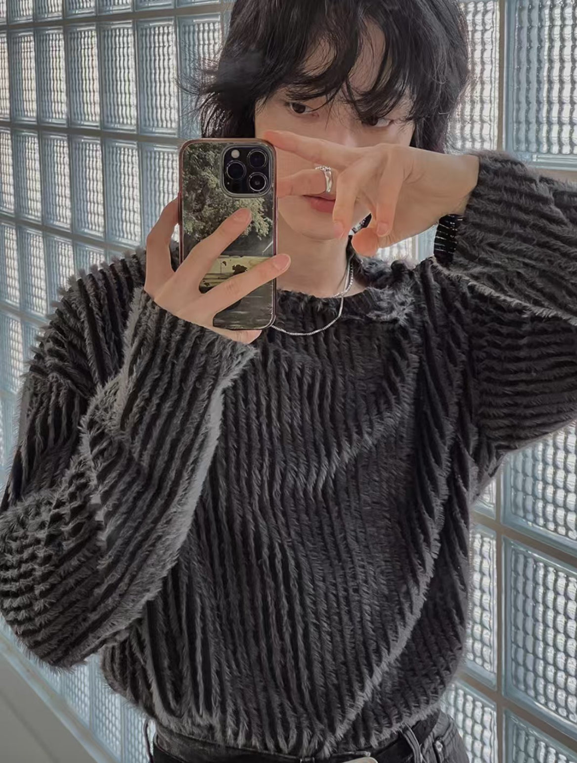B23 Single side button knit sweater (dark gray brown)