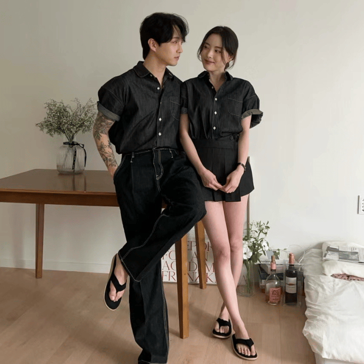 B53 Non-fading short-sleeved denim shirt (black, navy)