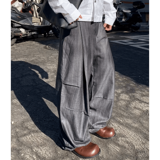 J41 寬鬆條紋西裝多褶寬褲 (黑black 灰gray)