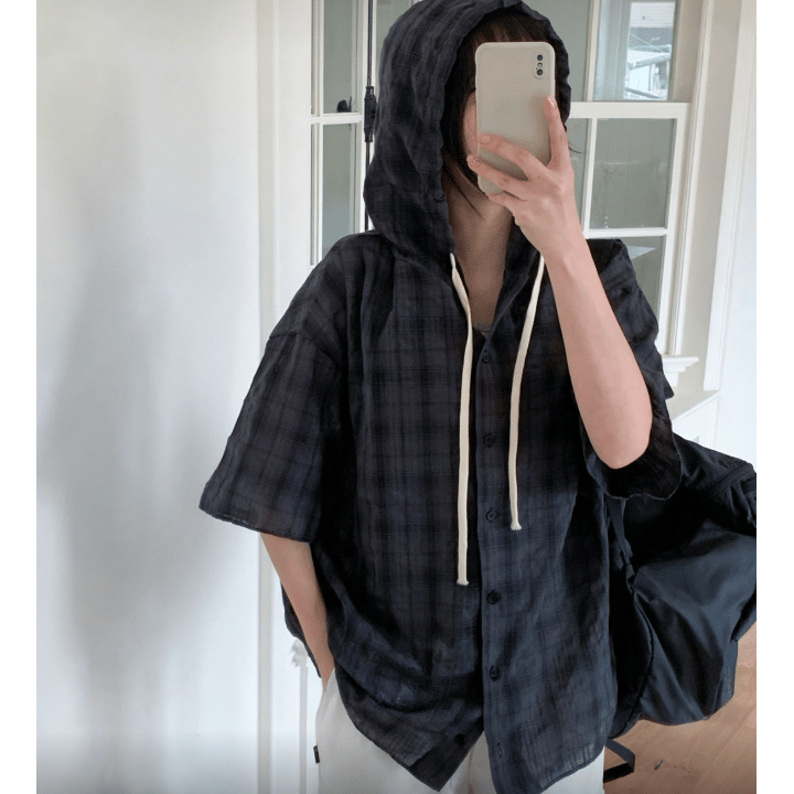 B64 Plaid Drawstring Short Sleeve Hooded Shirt (4 colors)