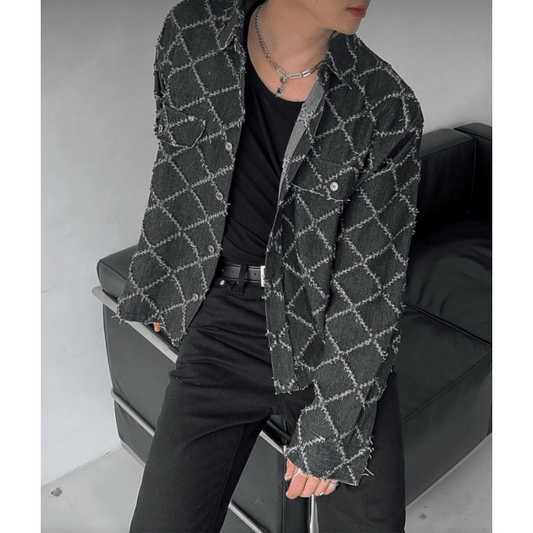 A65 稜格邊破損丹寧外套(藍blue 黑black)