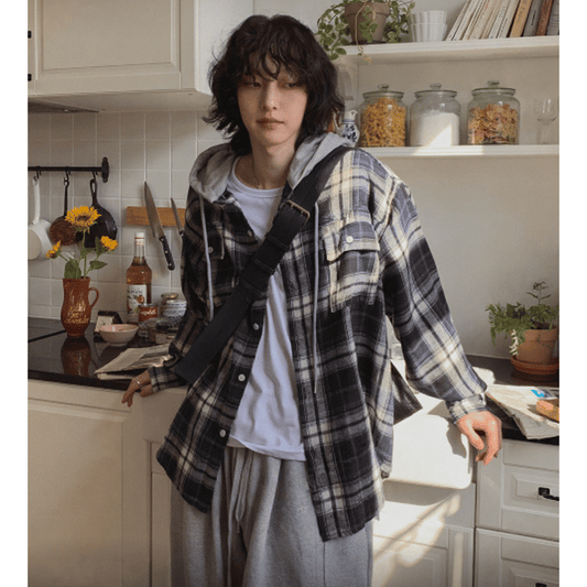 A64 格紋襯衫長版連帽外套 (3色 three colors)