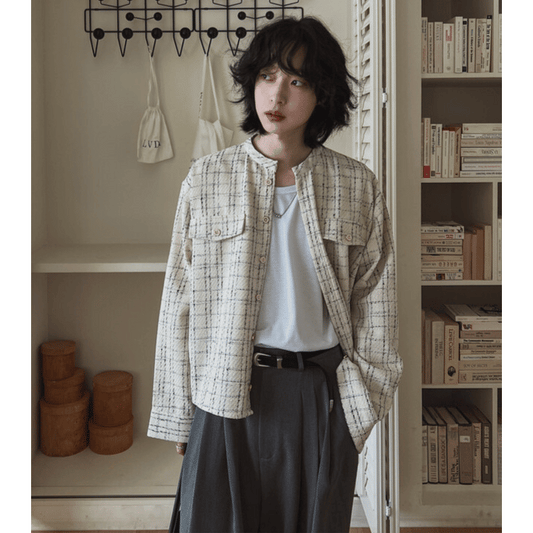 A63 真扣格紋圓領外套 (象牙ivory 黑black)