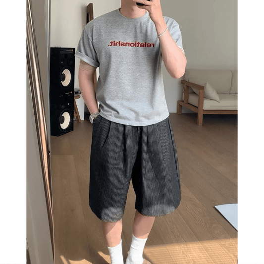 J58 丹寧條紋雙褶百慕達短褲 (黑black 深藍dark blue)