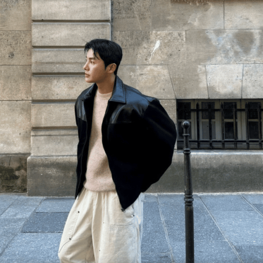 A33 拼色皮革羊毛外套 (黑black 藏青navy)