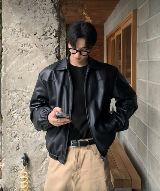 A35 裂紋皮革外套 (黑black 灰gray)