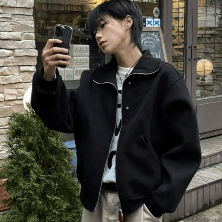 A34 Fashion Rivet Double Zipper Jacket (Black Gray)
