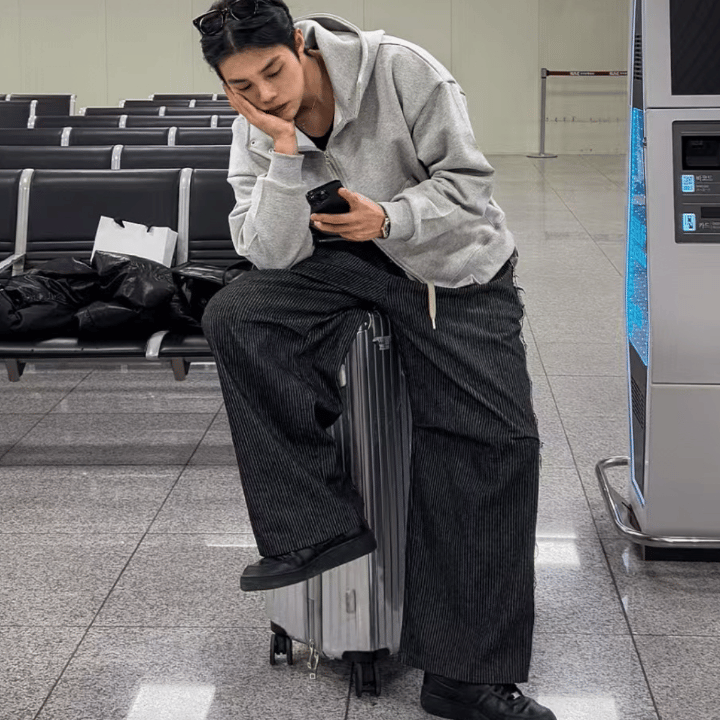 J27 Striped Denim Wide Pants (Black Navy)