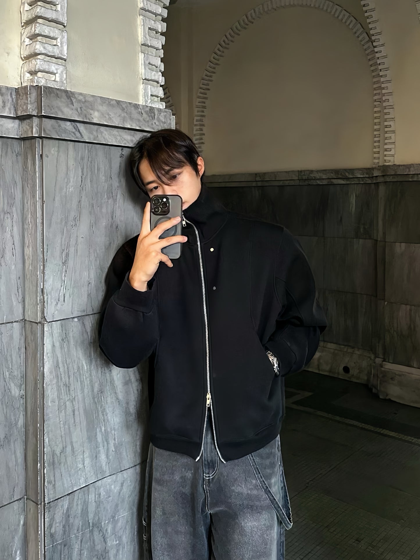 A34 Fashion Rivet Double Zipper Jacket (Black Gray)