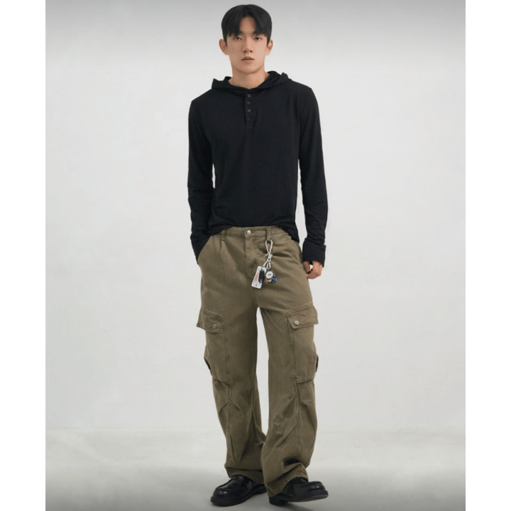 B45 Henley collar hooded long sleeves (3 colors)