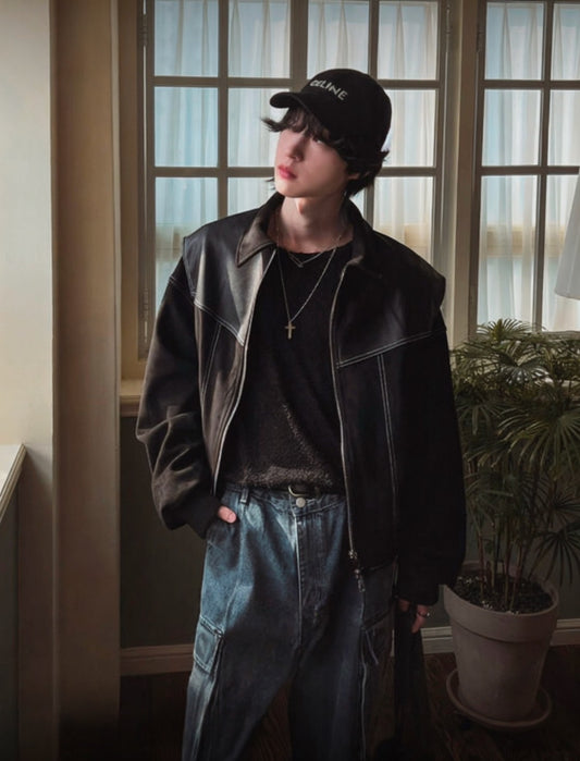 A7 麂皮拼接皮革外套 (黑black 棕brown)