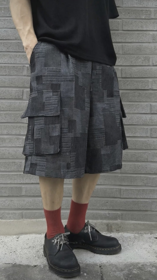 J61 棋盤格紋工裝短褲 (黑 藍)