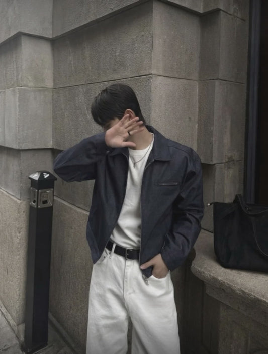 A88 Minimalist Retro Cropped Denim Jacket (Black and Blue)