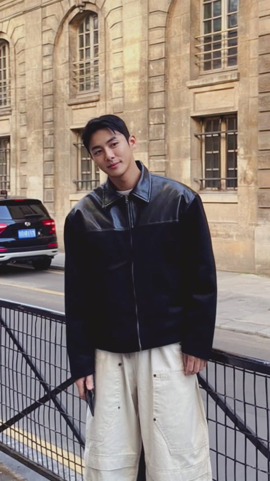 A33 拼色皮革羊毛外套 (黑black 藏青navy)