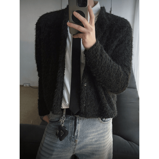 A143 Crew Neck Short Knit Cardigan with Fur Trim (3 Colors)
