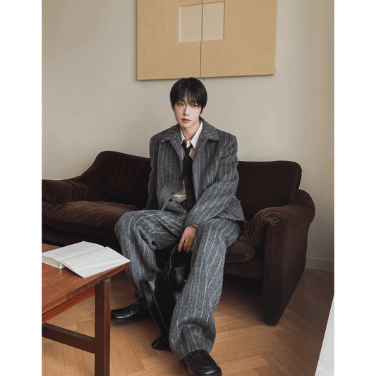 J75 羊絨條紋雙褶寬褲 (黑 灰)