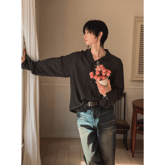 B184 亞麻格紋長袖襯衫 (黑 米)