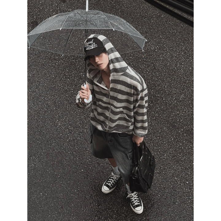 A185 條紋連帽拉鍊外套 (奶油 黑)