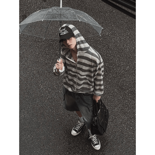 A185 條紋連帽拉鍊外套 (奶油 黑)