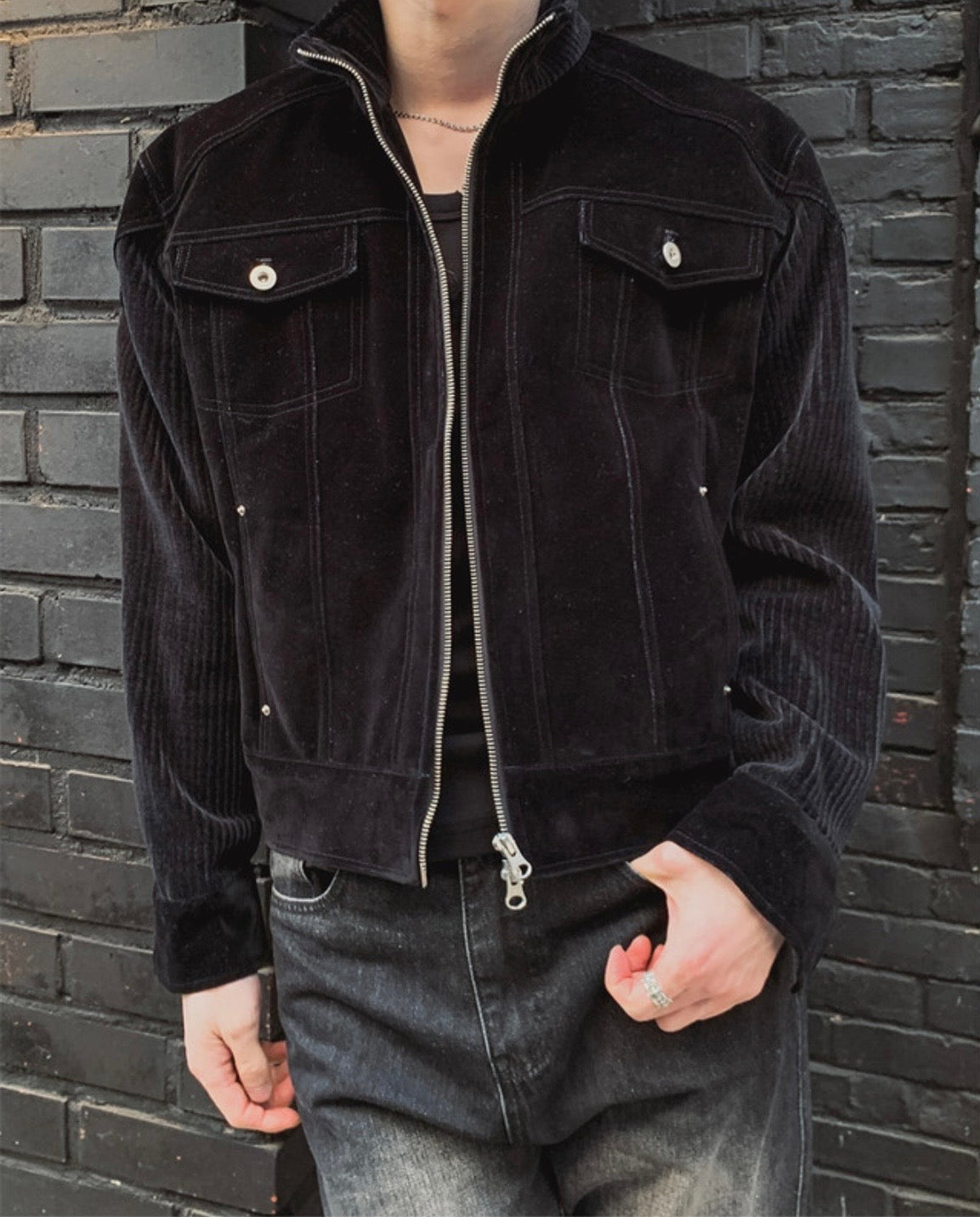 A155 絲絨工裝夾克 (黑 藍)