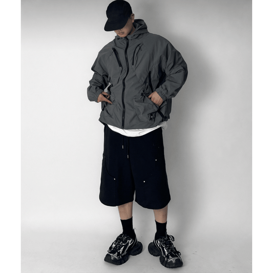 J50 鉚釘厚磅工裝五分棉褲 (黑black 灰gray)
