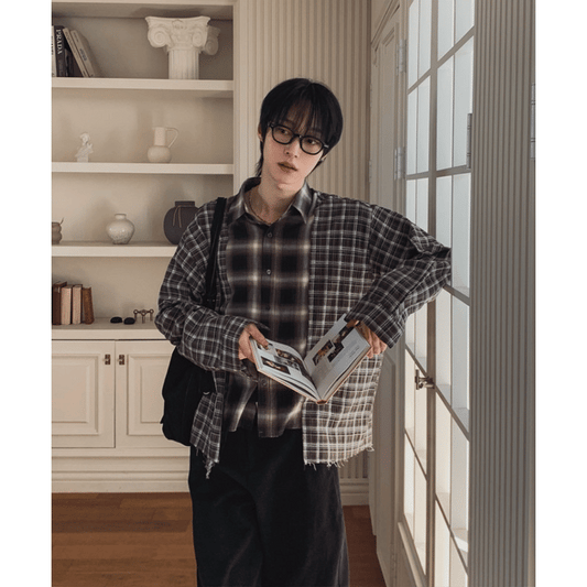 B170 Irregularly Cut Layered Plaid Shirt