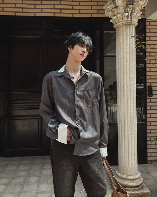 B140 撞色條紋拼接寬版襯衫 (灰 黑)