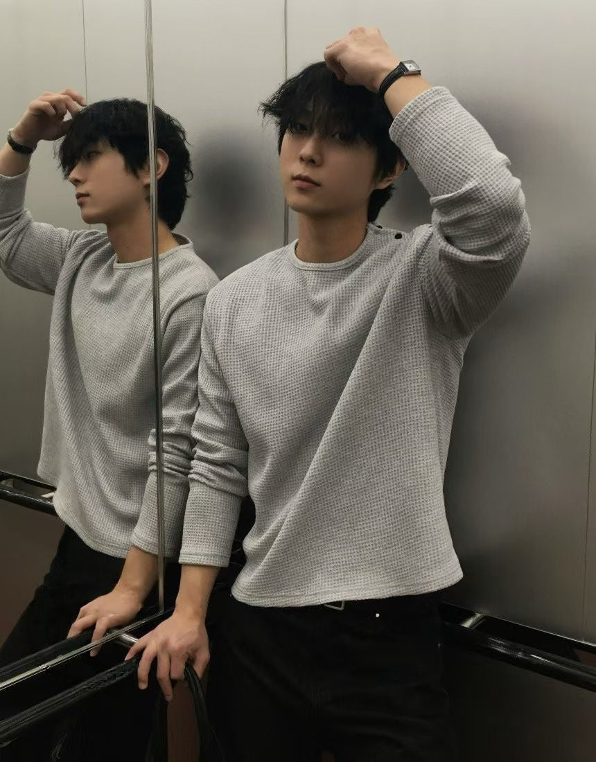 B179 Waffle-knit one-shoulder button-down top (grey/black)