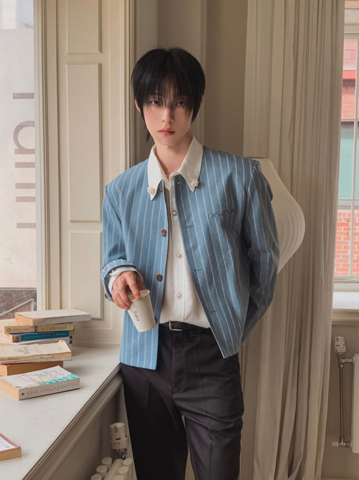 A157 細條紋無領西裝外套 (藍 灰)