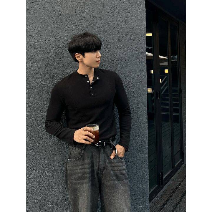 B180 剪接亨利領修身上衣 (灰 黑)